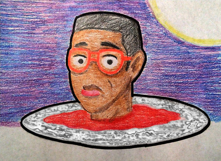 Head of Urkel as Jokanaan on a silver charger